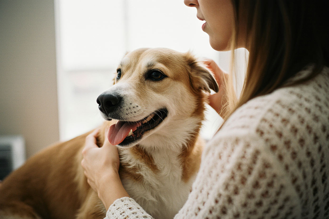 The owner takes care of her pet dog.
